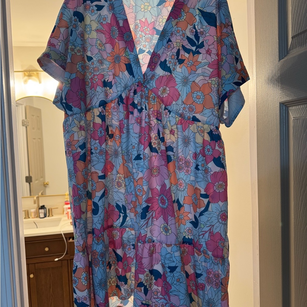 Floral V-Neck Short Sleeve Dress - Pink, Blue & Orange